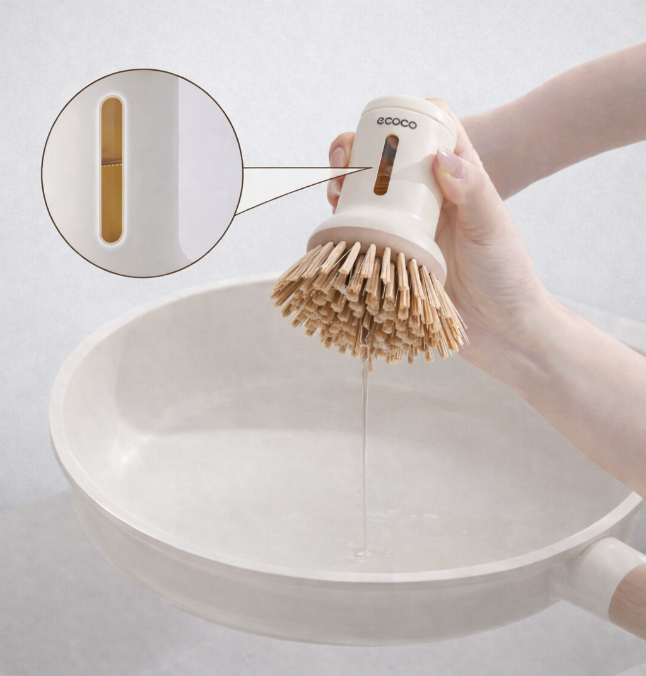 Squeezable liquid short handle pot brush