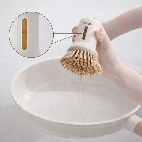 Squeezable liquid short handle pot brush